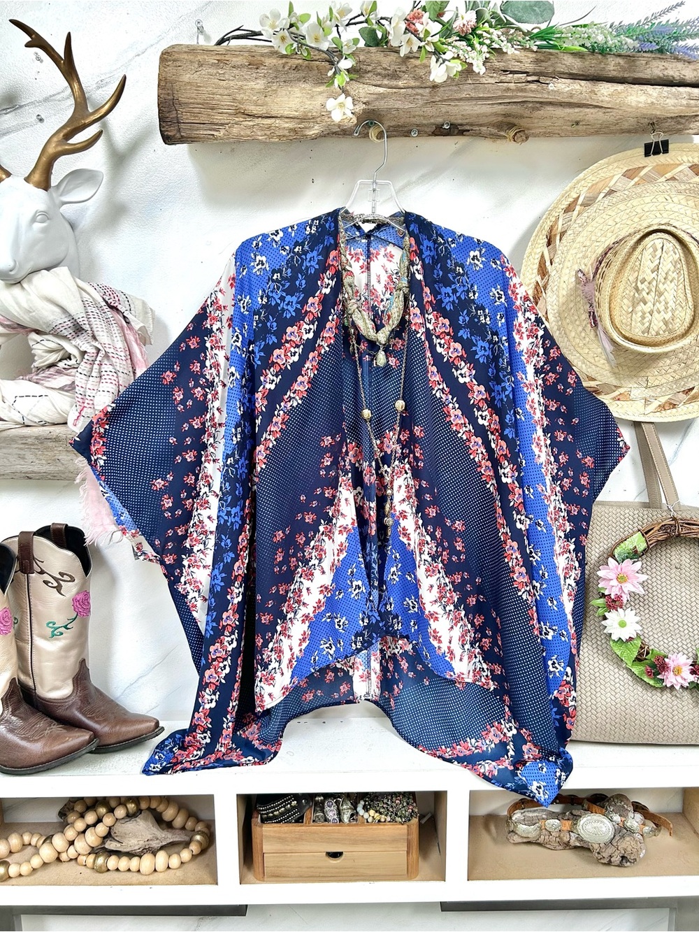 🌙Patchwork vibe Floral Navy Blue Boho Kimono Top/ beach cover up